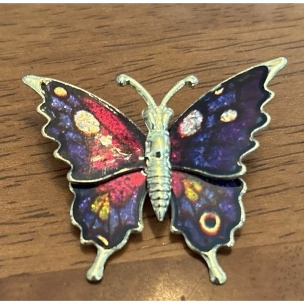 vintage Butterfly Brooch Pin Broach Enameled Sparkle Multi colored gold tone